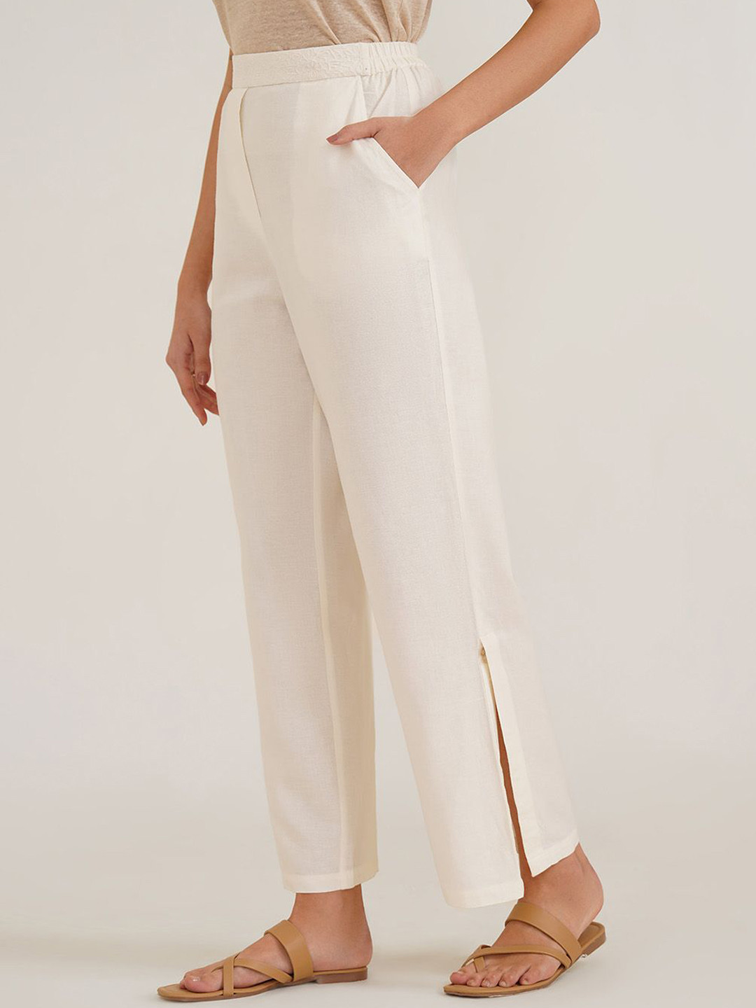 B77 Women Organic Viscose Linen Boot Leg Pants with Slit