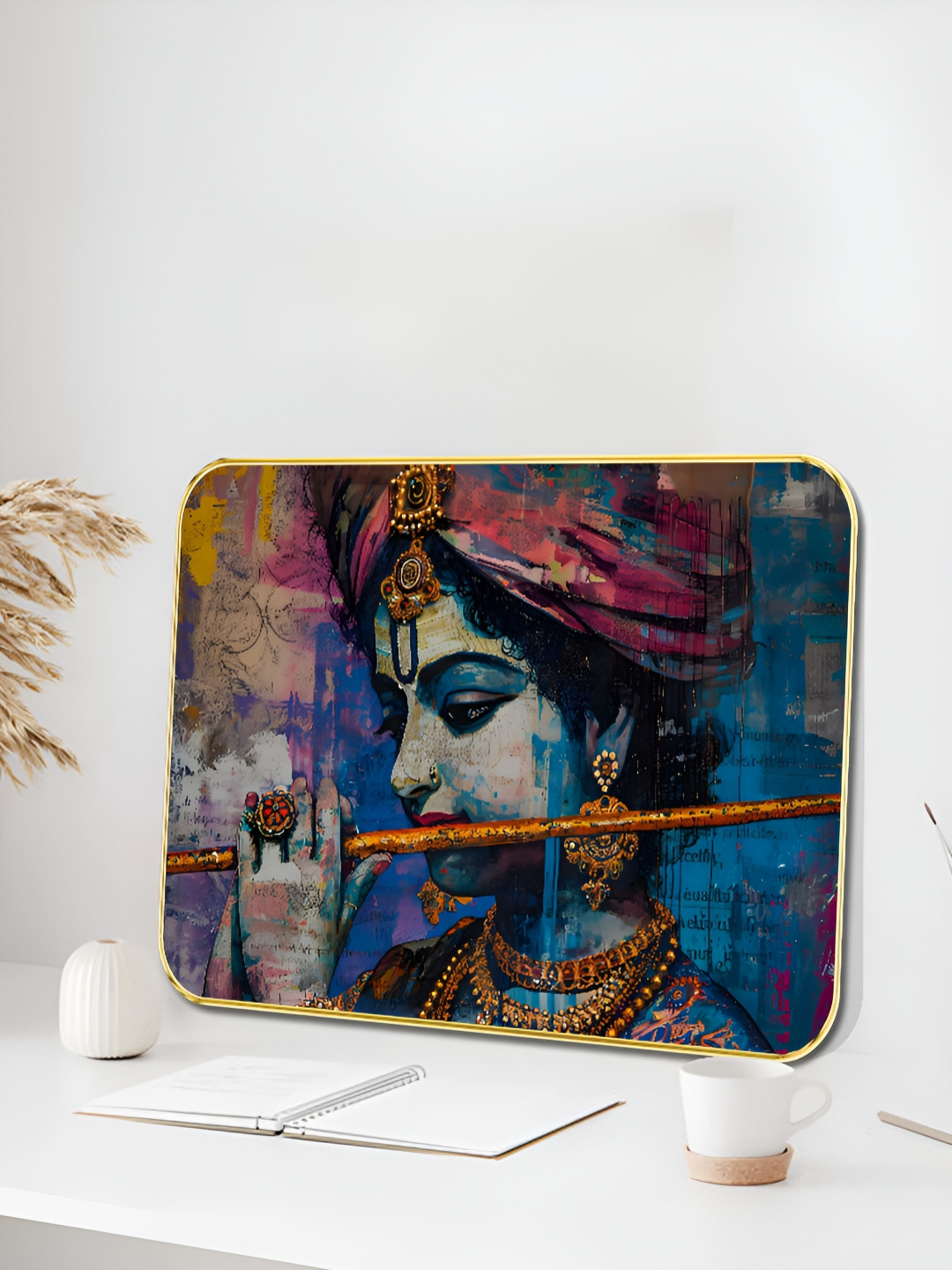 Myntra Elegant Homes Blue & Red Wooden Krishna Playing Flute Religious Wall Art