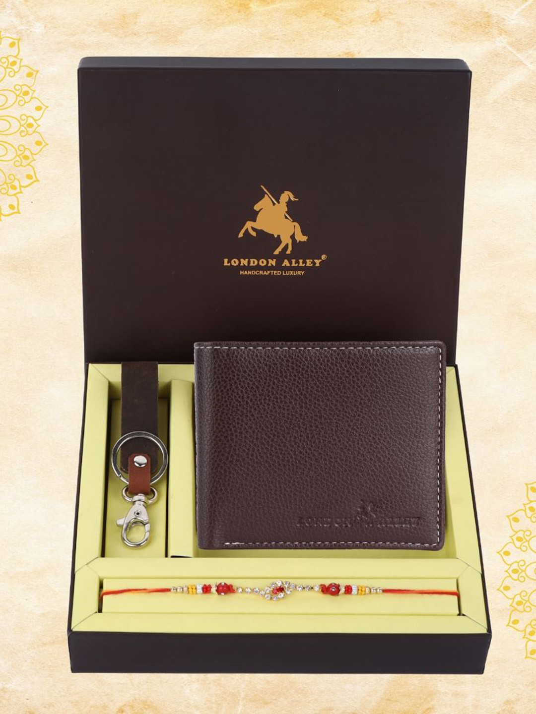 LONDON ALLEY Set Of 3 Stone-Studded & Beaded Rakhi With Wallet & Keyring