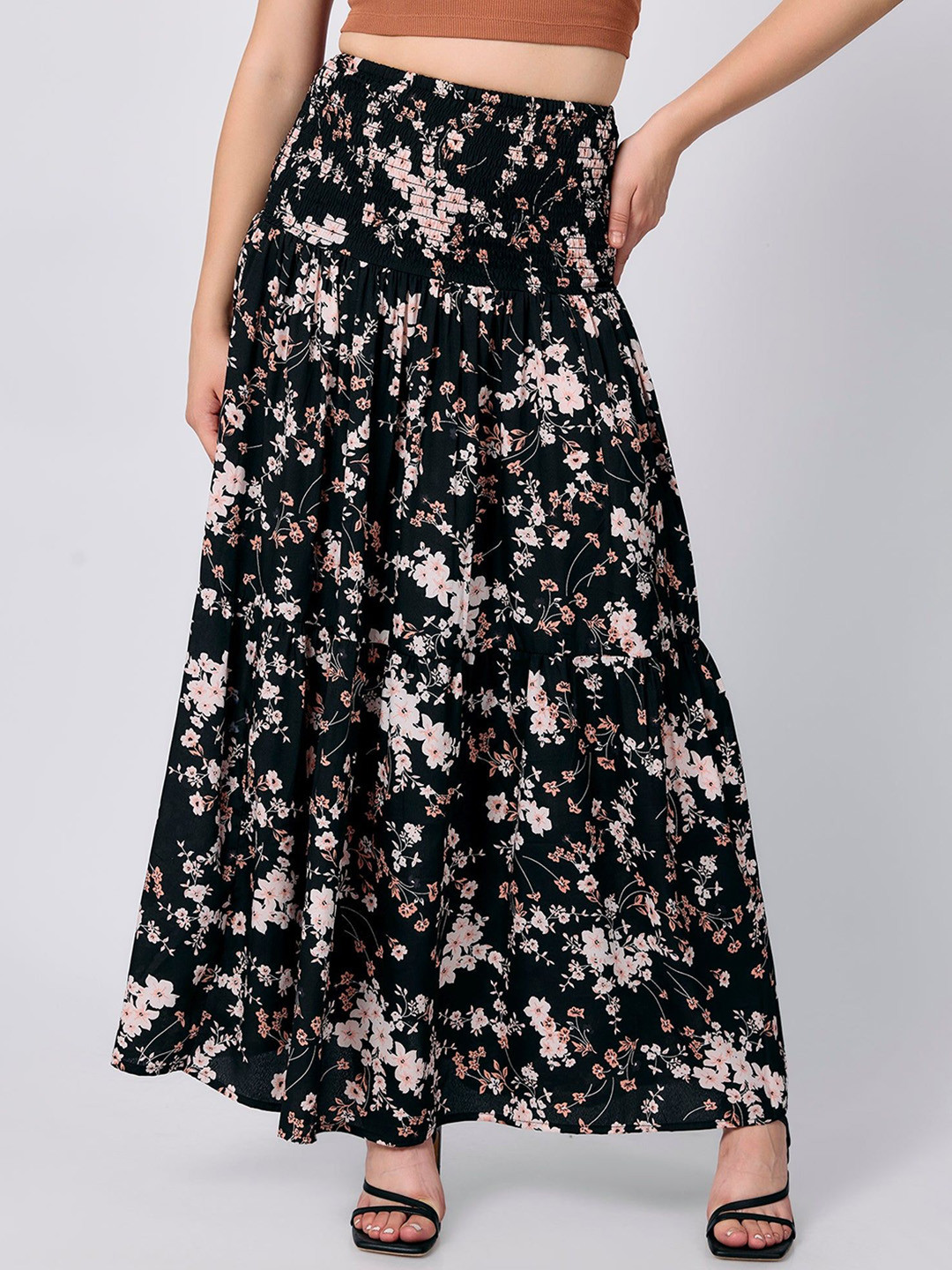 Outzidr Floral Printed Three Tired Flared Maxi Skirt