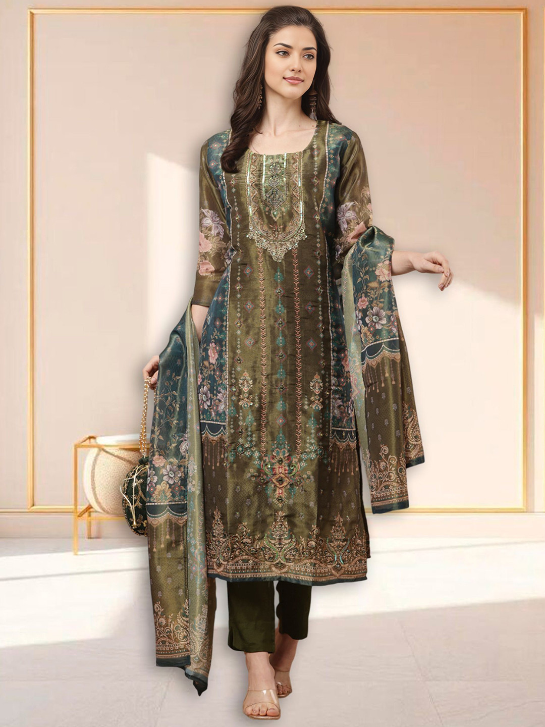 Amodra Ethnic Motifs Printed Beads and Stones Straight Kurta With Trousers & Dupatta