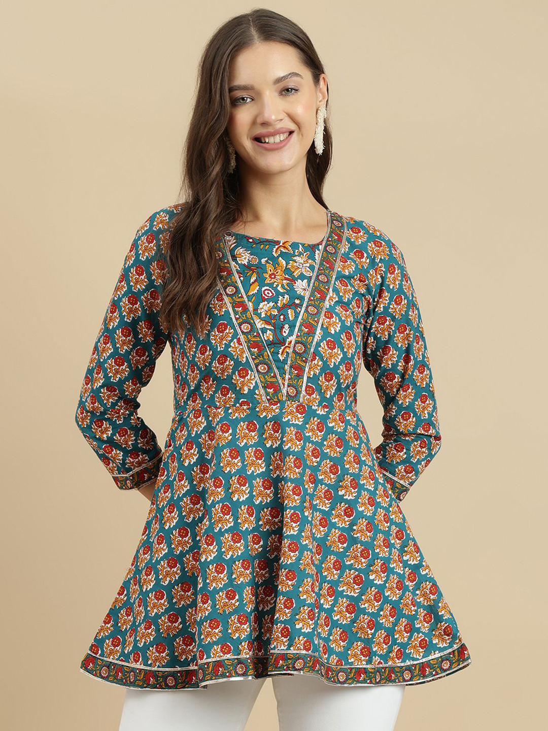 HERE&NOW Women Floral Printed Lace-Up A-Line Cotton Longline Top