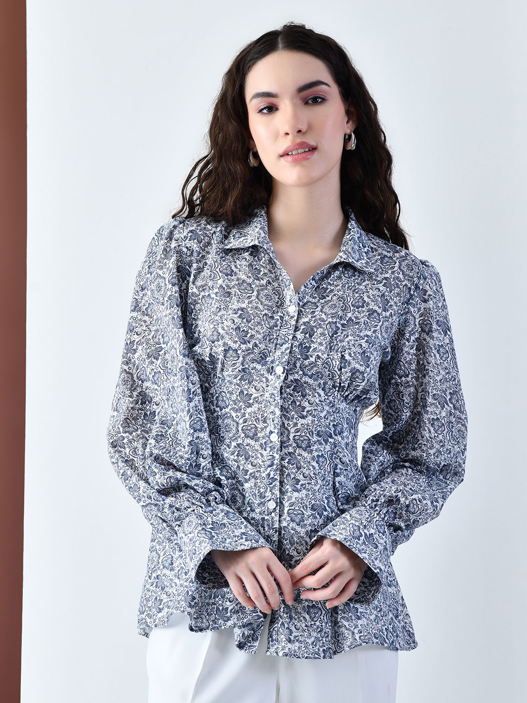Navy Blue Floral Printed Regular Fit Puff Sleeve Shirt
