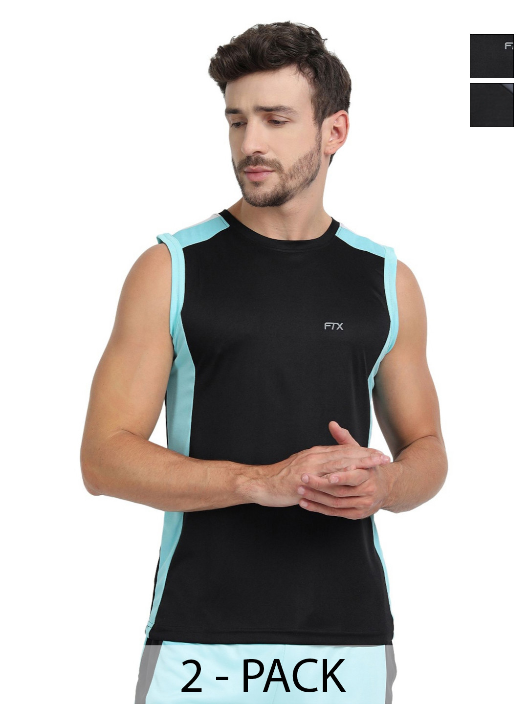 FTX Pack of 2 Colourblocked Round Neck Sleeveless Dri-FIT T-shirts
