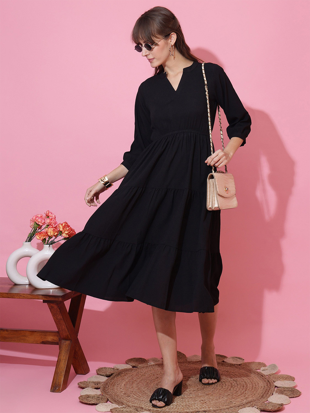 De La Moda Women Solid Mandarin Collar Fit & Flare Midi Dress
