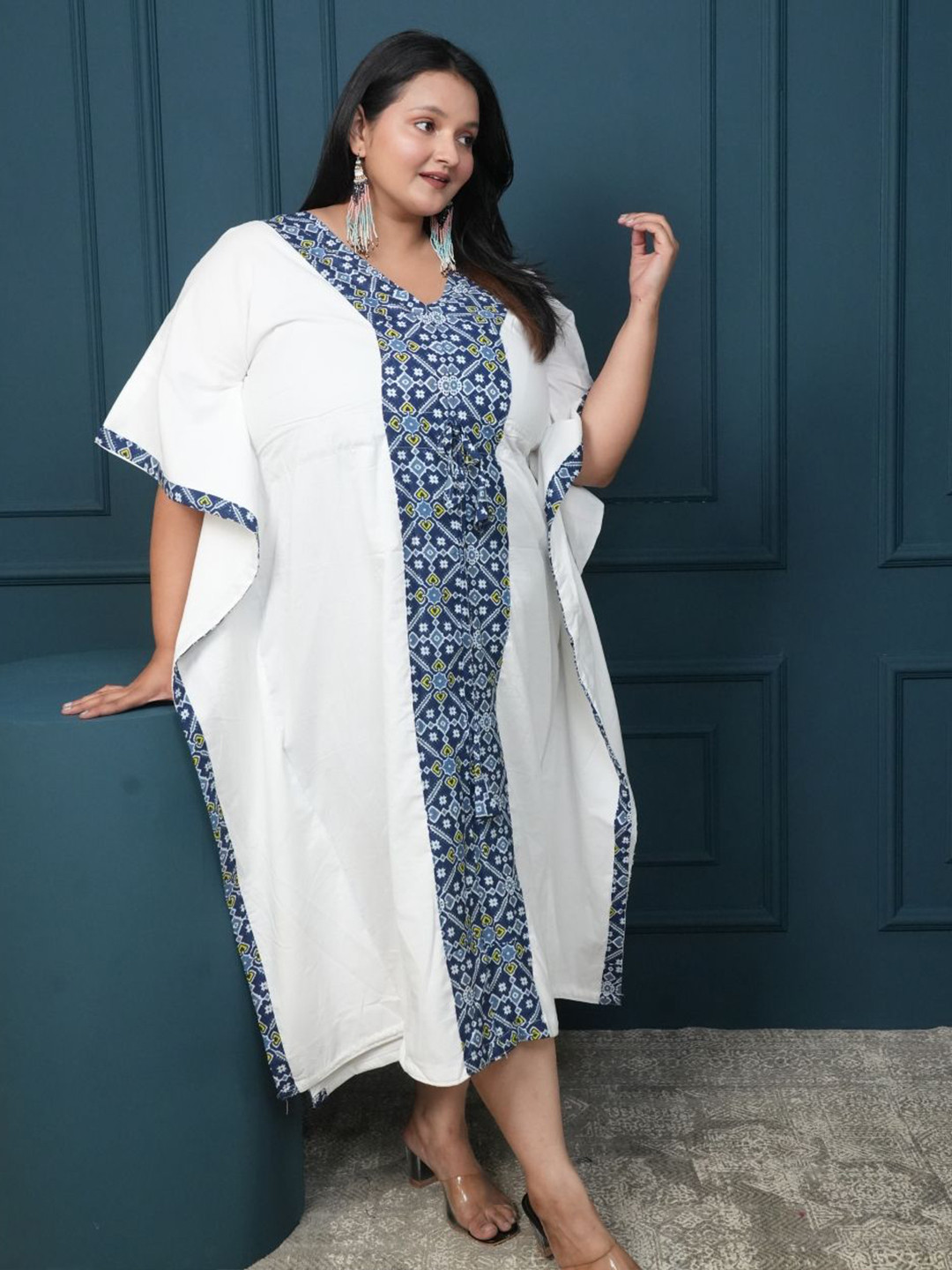 Swadeshi Shringaar Plus Size White And Blue Geometric Printed Cotton Kaftan Dress