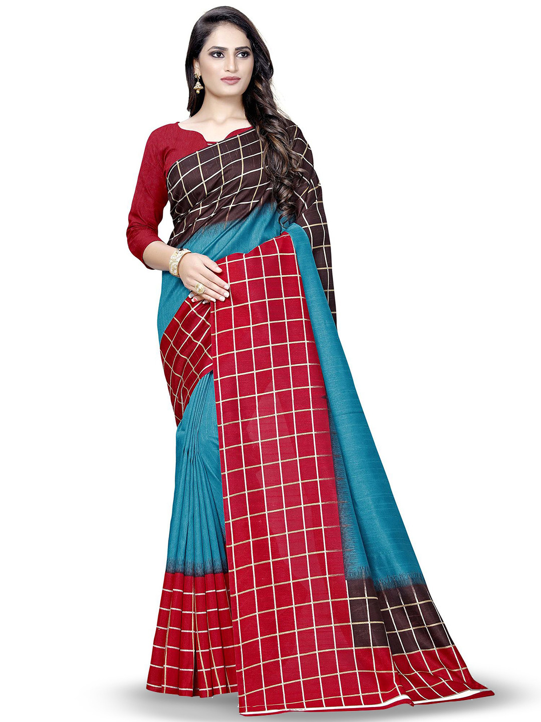 KALINI Checked Daily Saree With Matching Blouse