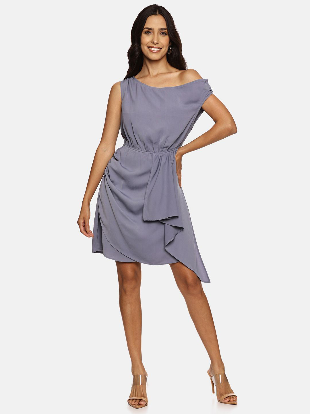 ISU Women One Shoulder Ruffled Ruched Fit & Flare Dress