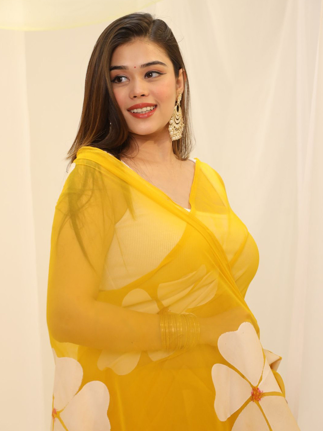 Swadeshi Shringaar Yellow Floral Hand Painted Georgette Saree