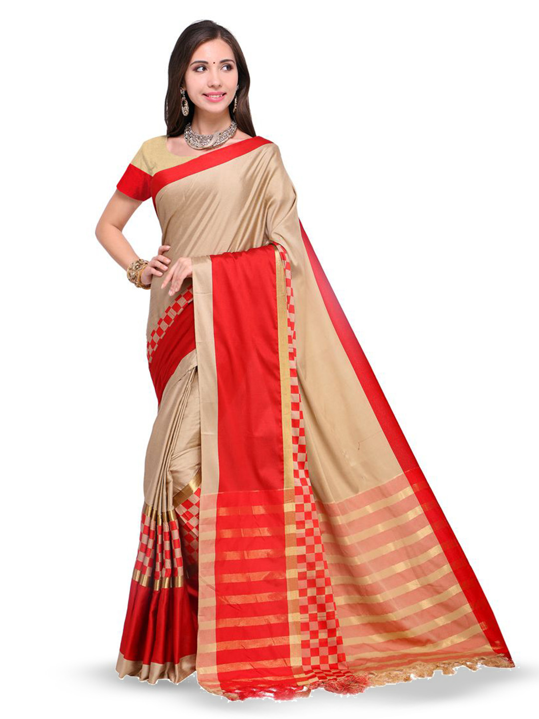 KALINI Striped Printed Zari Saree With Unsitiched Blouse Saree
