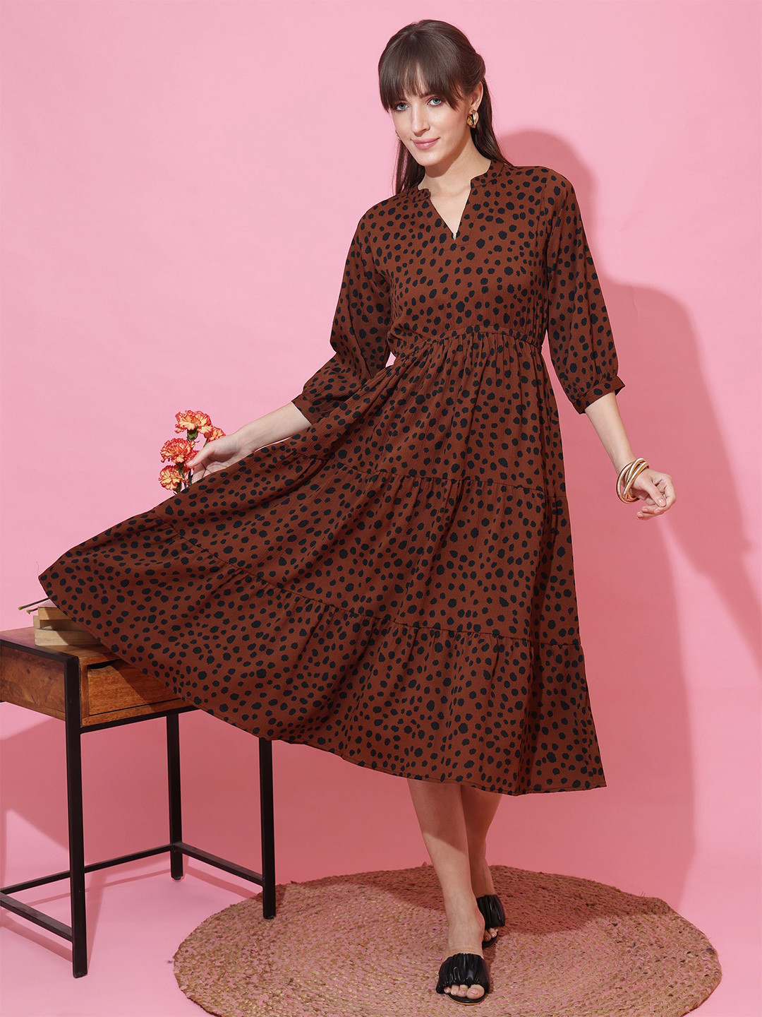 De La Moda Abstract Printed Crepe Fit & Flare Midi Dress