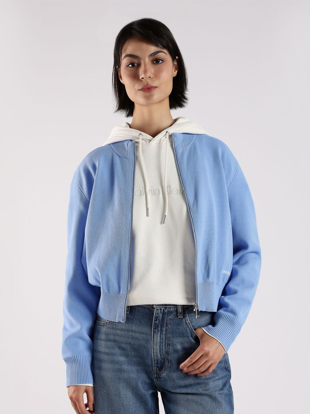 Calvin Klein Jeans Women Regular Fit Mock Collar Zip Front Open Sweatshirt