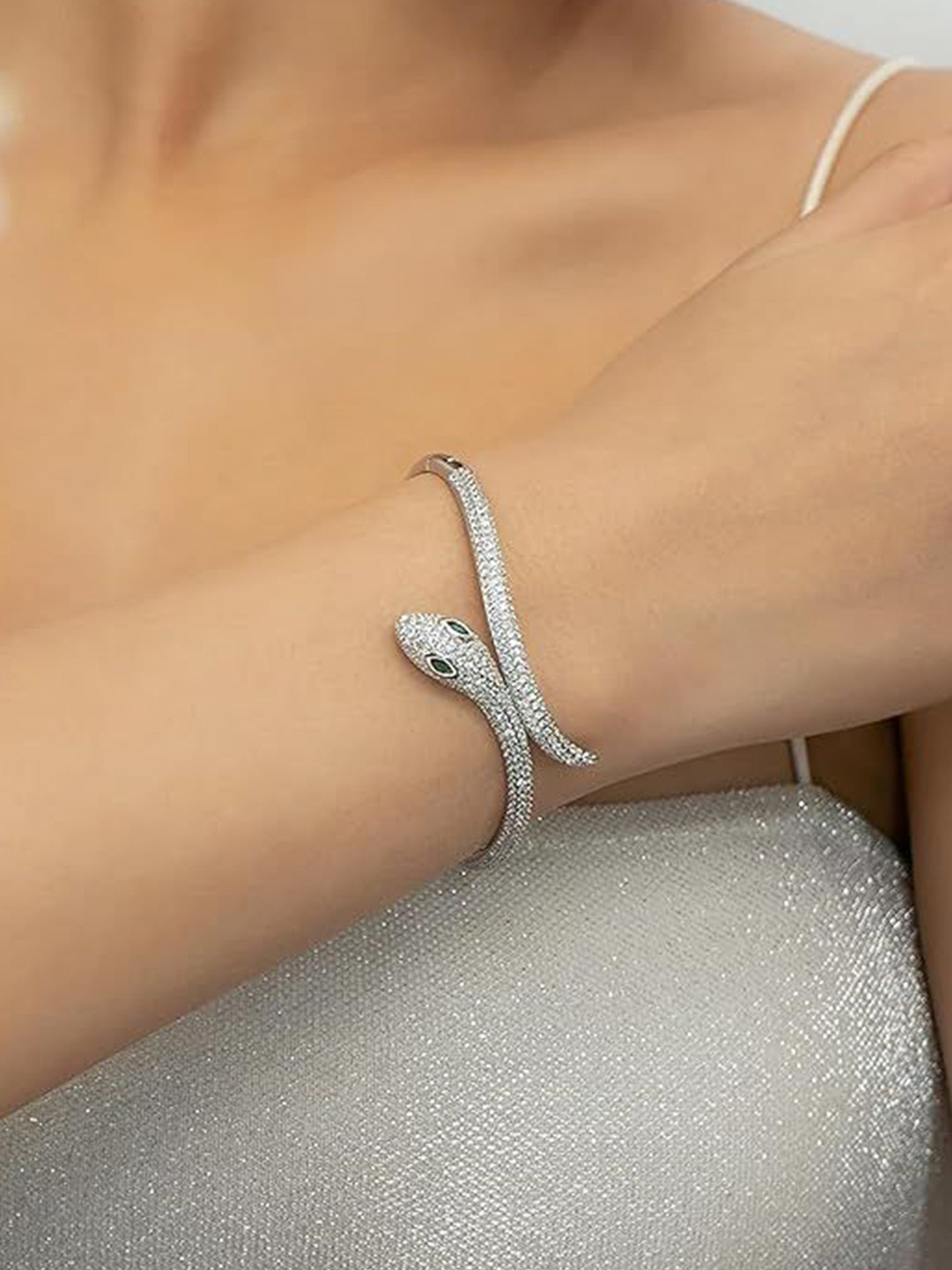 Amalfa Women Silver-Plated Zircon Studded Medussa Serpent Snake Wraparound Bracelet