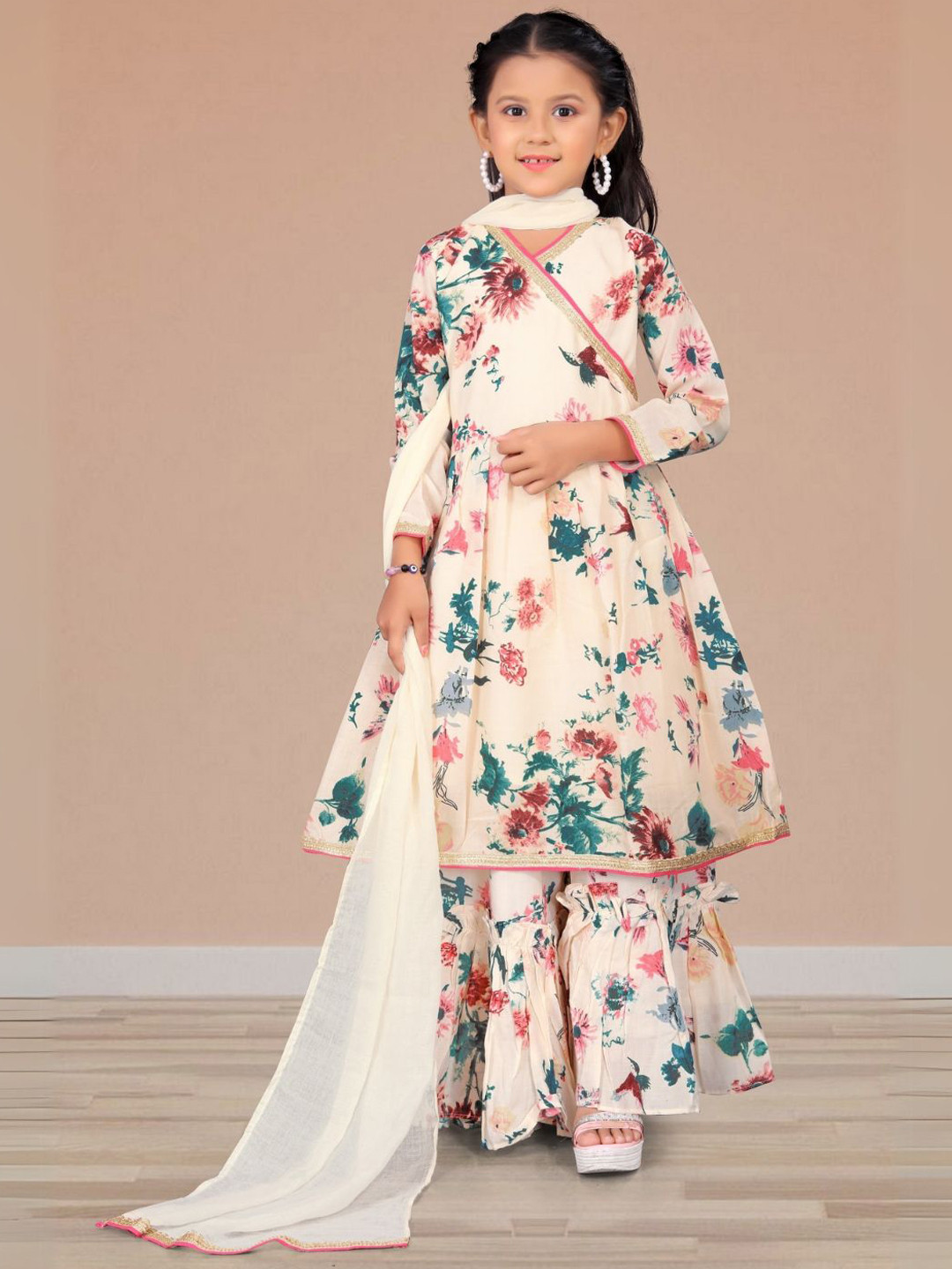 KALINI Girls Floral Printed Thread Work Kurta with Sharara &  Dupatta