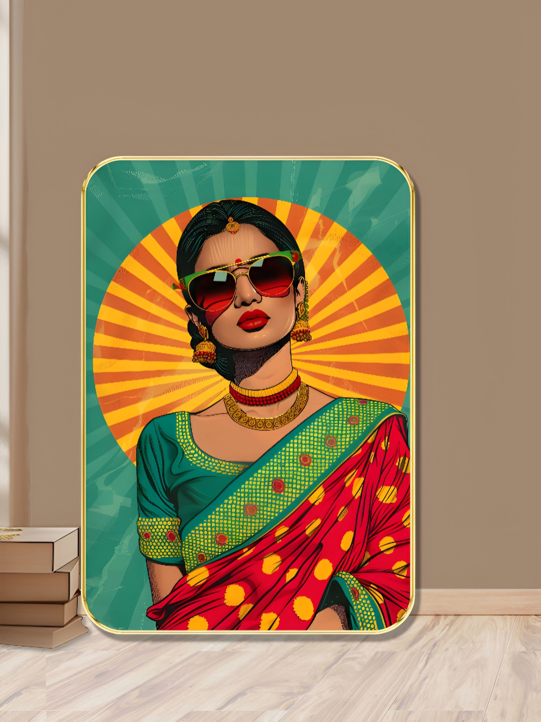 Myntra Elegant Homes Green & Yellow Modern Saree With Sunglasses Wooden Painting Wall Art