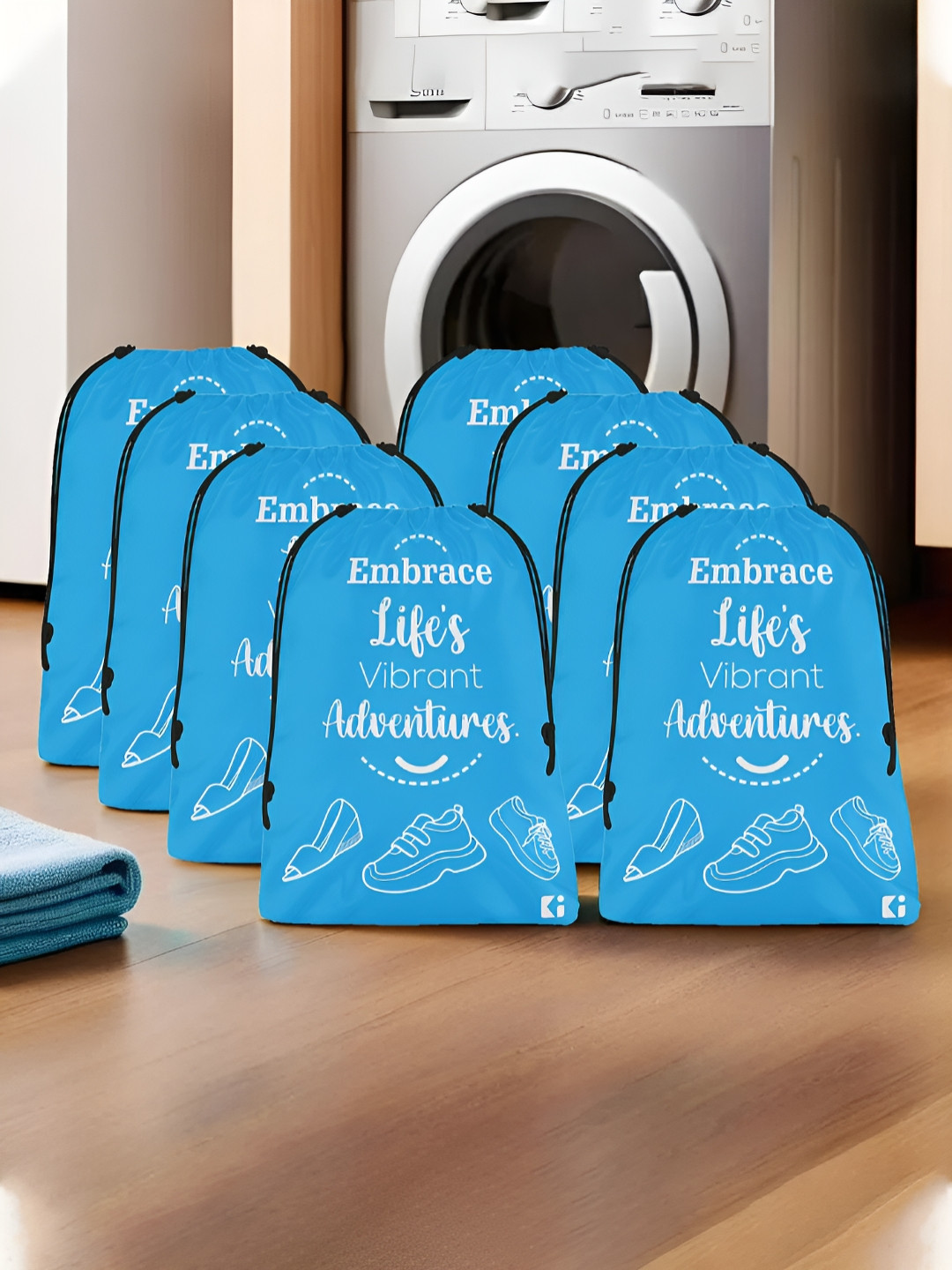 Aura Blue 8 Pieces Printed Foldable Water Resistant Multi-Utility Laundry Bags