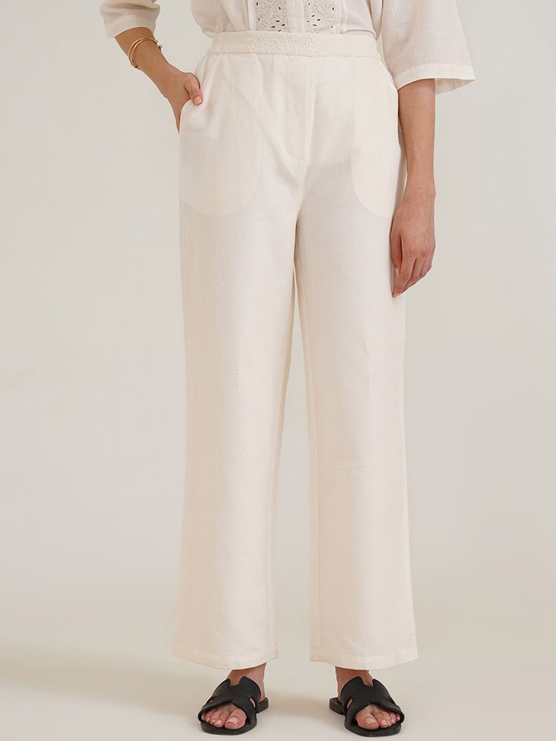 B77 Kosha Women Embroidered Organic Cotton Linen Parallel Trousers