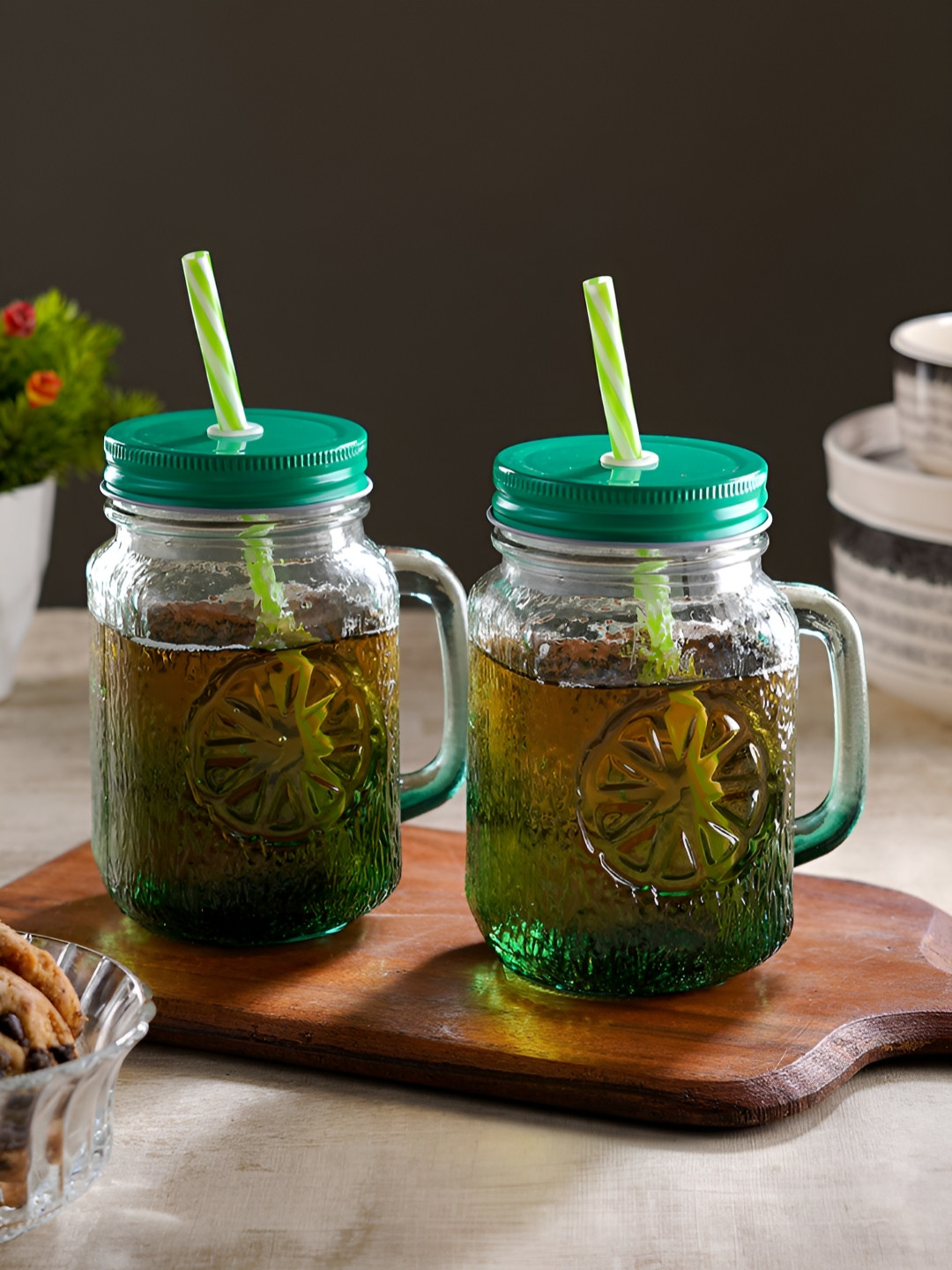 ceradeco Green 2 Pieces Glass Mason Jar Dishwasher Safe With Metal Lid & Straw 480 ML Each