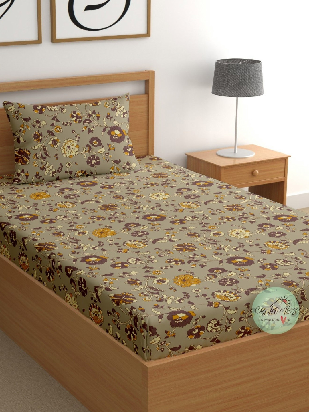 CG HOMES Brown & Grey Floral 180 TC Cotton Single Bedsheet with 1 Pillow Covers