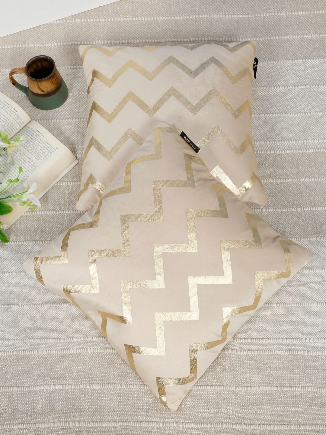 HOSTA HOMES Cream & Gold-Toned 2 Pieces Chevron Foil Printed Velvet Square Cushion Covers