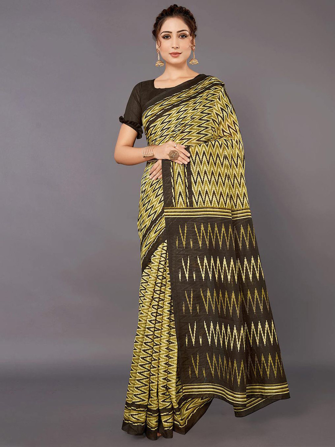 KALINI Striped Olive green Saree