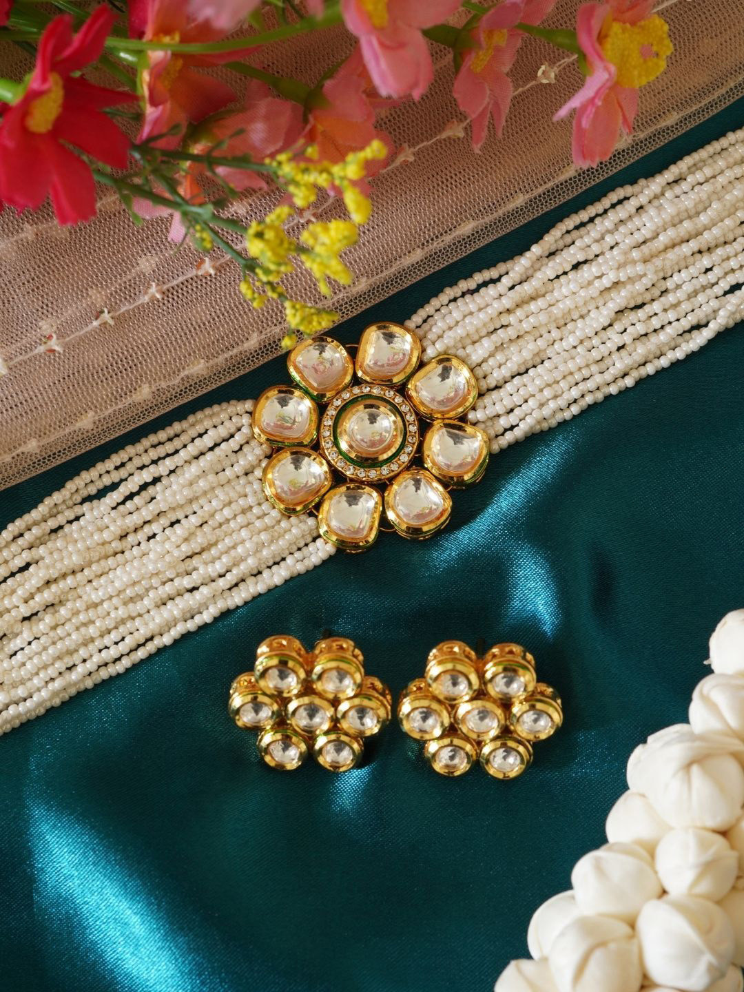 INC63 Floral Kundan Ivory Pearl Choker Necklace Set