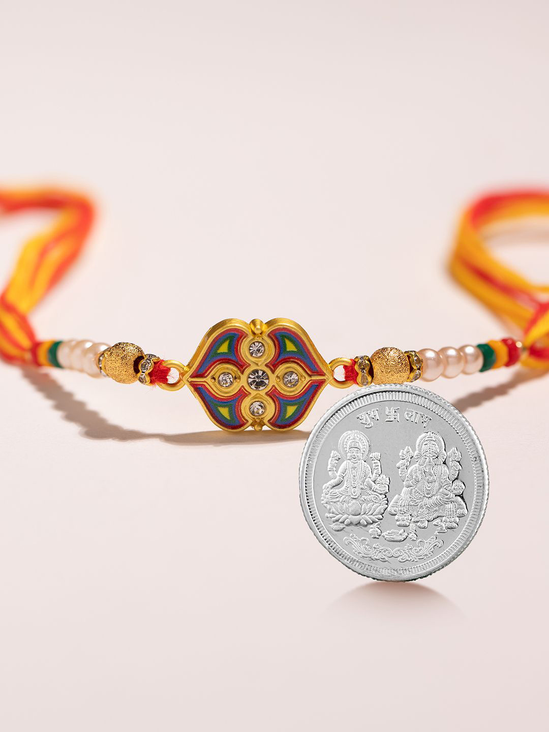 Studio Voylla Stone-Studded Rakhi With 999 Silver Laxmi Ganesh 5 Grams Coin