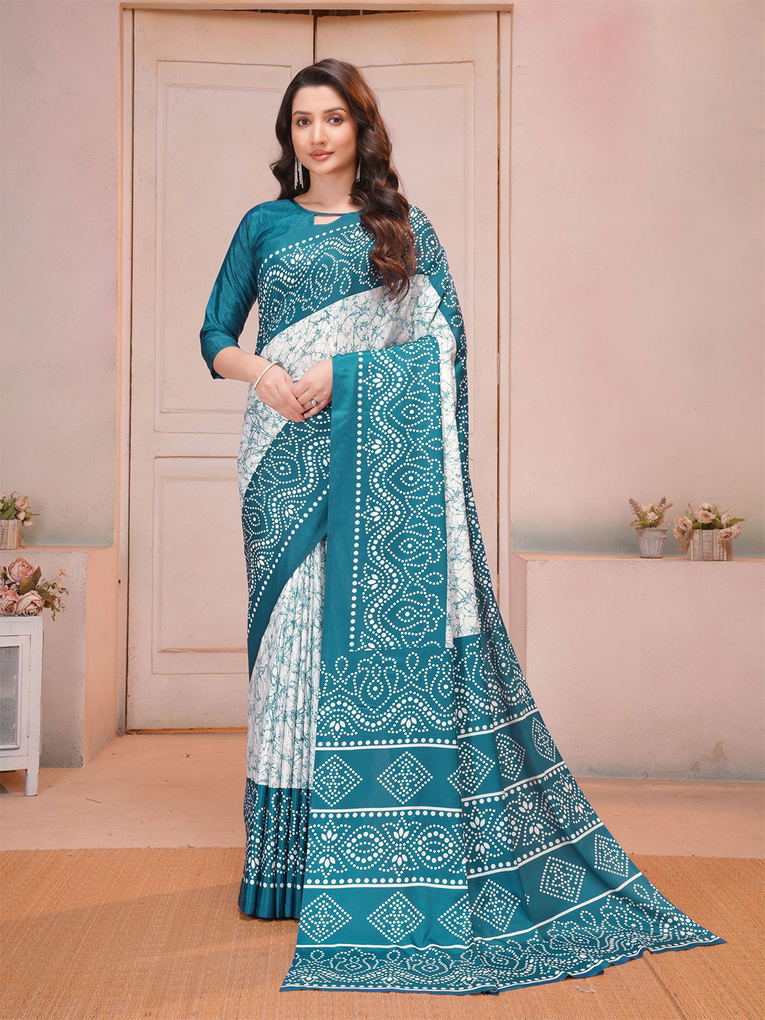 Garden Vareli Batik Printed Satin Saree with Unstitched Blouse Piece