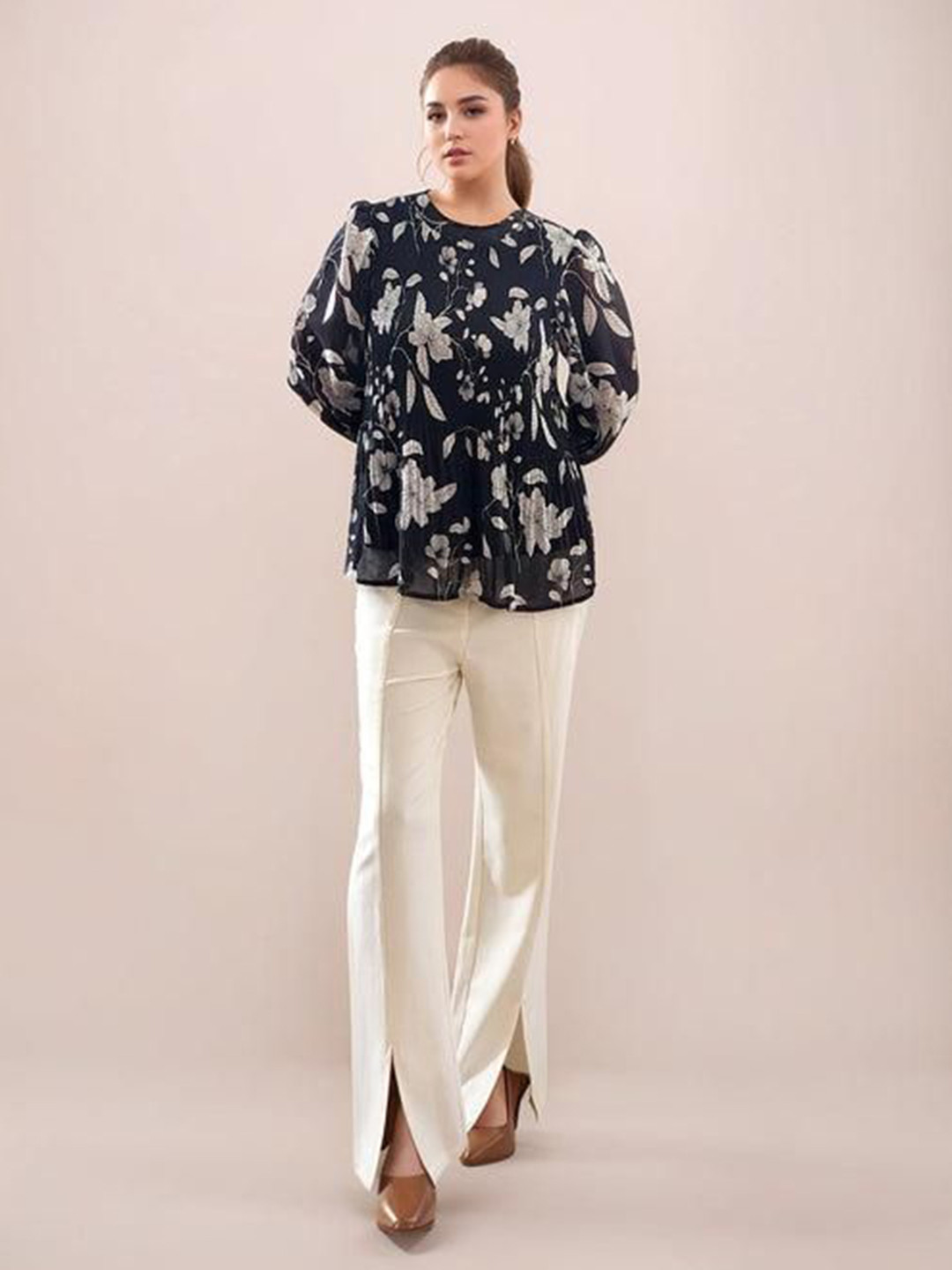 Zink London Women Black Floral Three-Quarter Sleeves Top