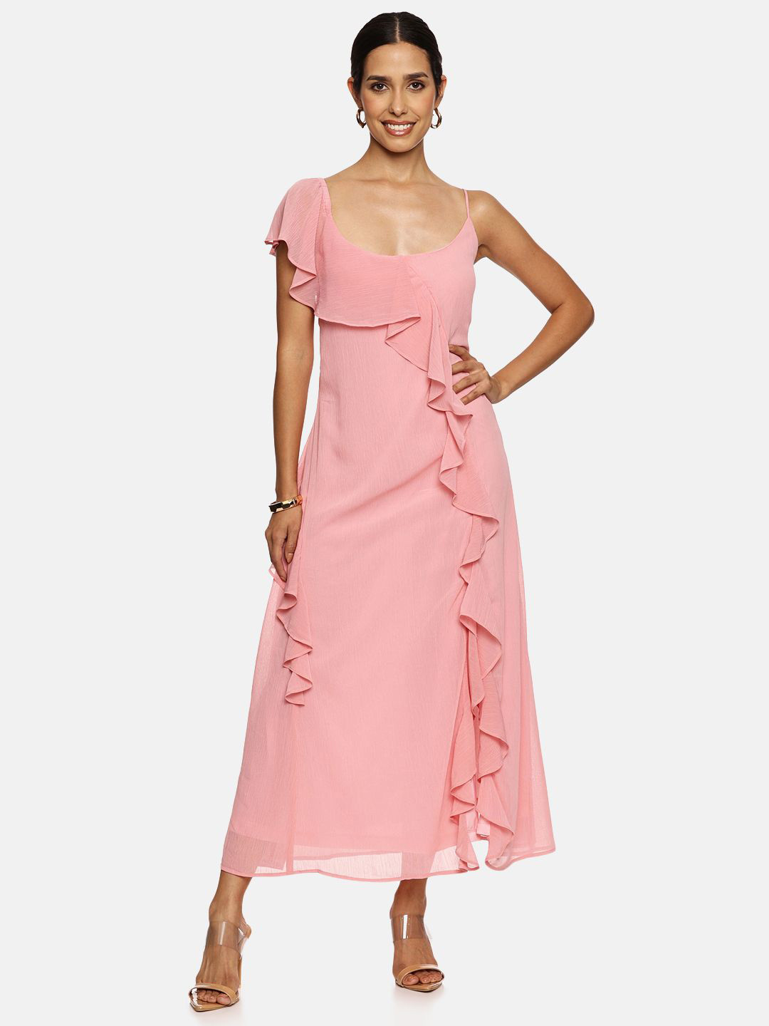 ISU Scoop Neck Ruffles Chiffon Maxi Dress