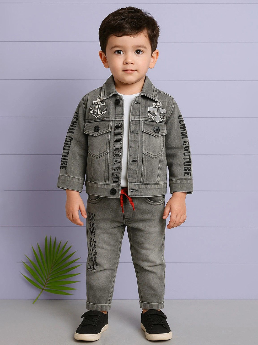 Shirazi Boys Printed Long Sleeves Denim Jacket With Trousers