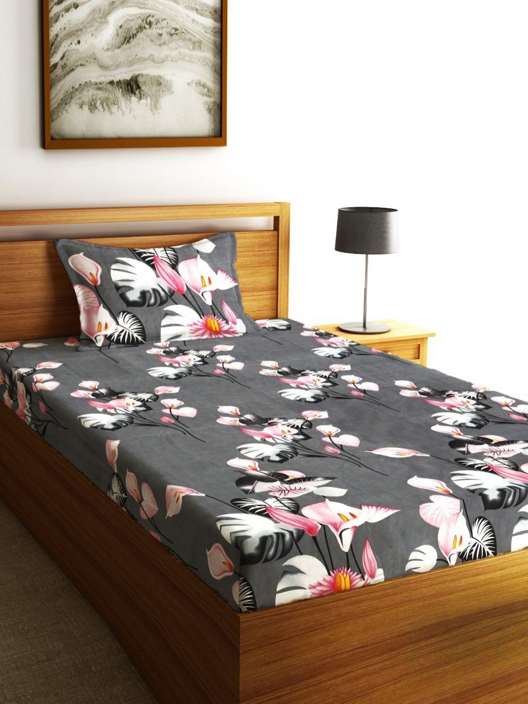 Fashion String Grey & Pink Floral 144 TC Microfiber Single Bedsheet with 1 Pillow Covers