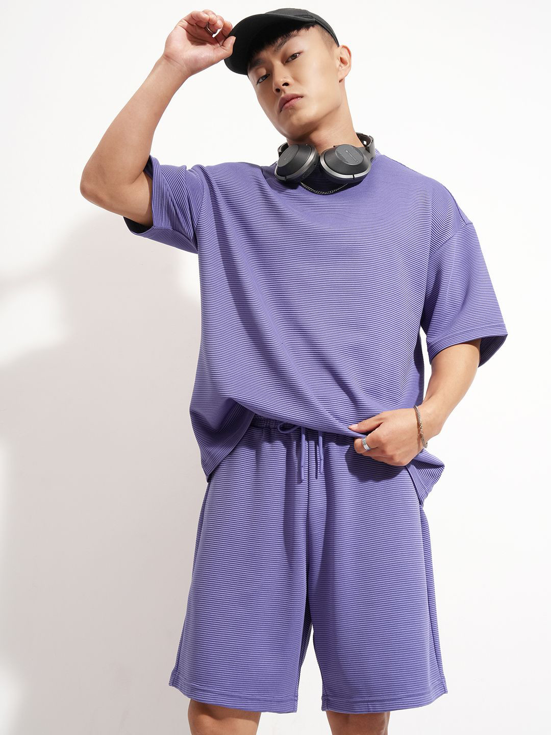 HIGHLANDER Self Design Oversized-Fit T-Shirt With Shorts Co-Ords