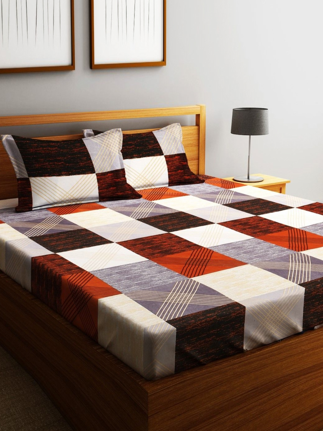 Fashion String Red & White Geometric 144 TC Queen Bedsheet Set 2.50m x 2.25m