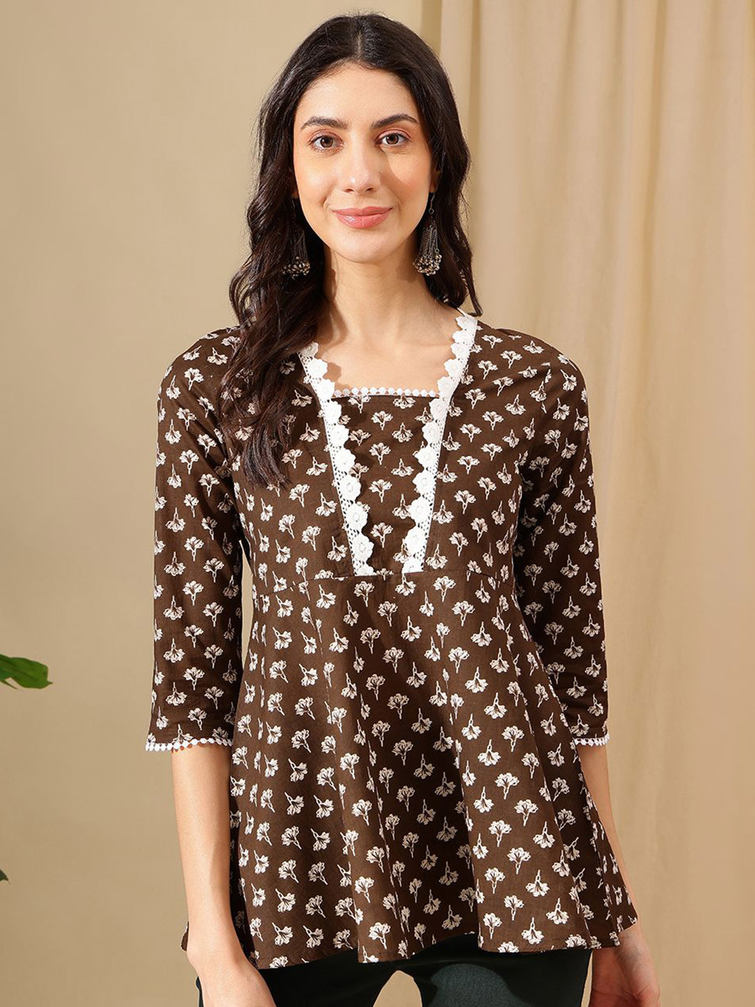 HERE&NOW Women Floral Printed Cotton designer A-Line Top