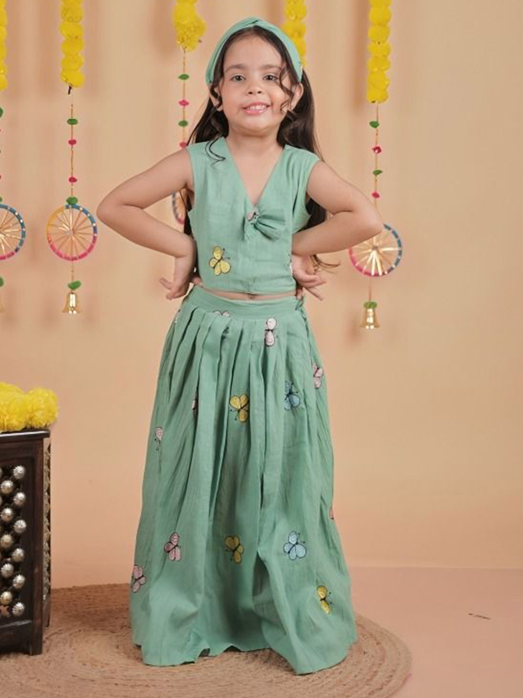 UNBIND Girls Embroidered Cotton Thread Work Ready to Wear Lehenga & Choli