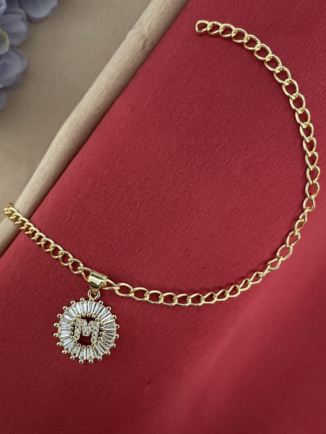 Digital Dress Room American Diamond Studded M Letter Round Pendant Wraparound Rakhi