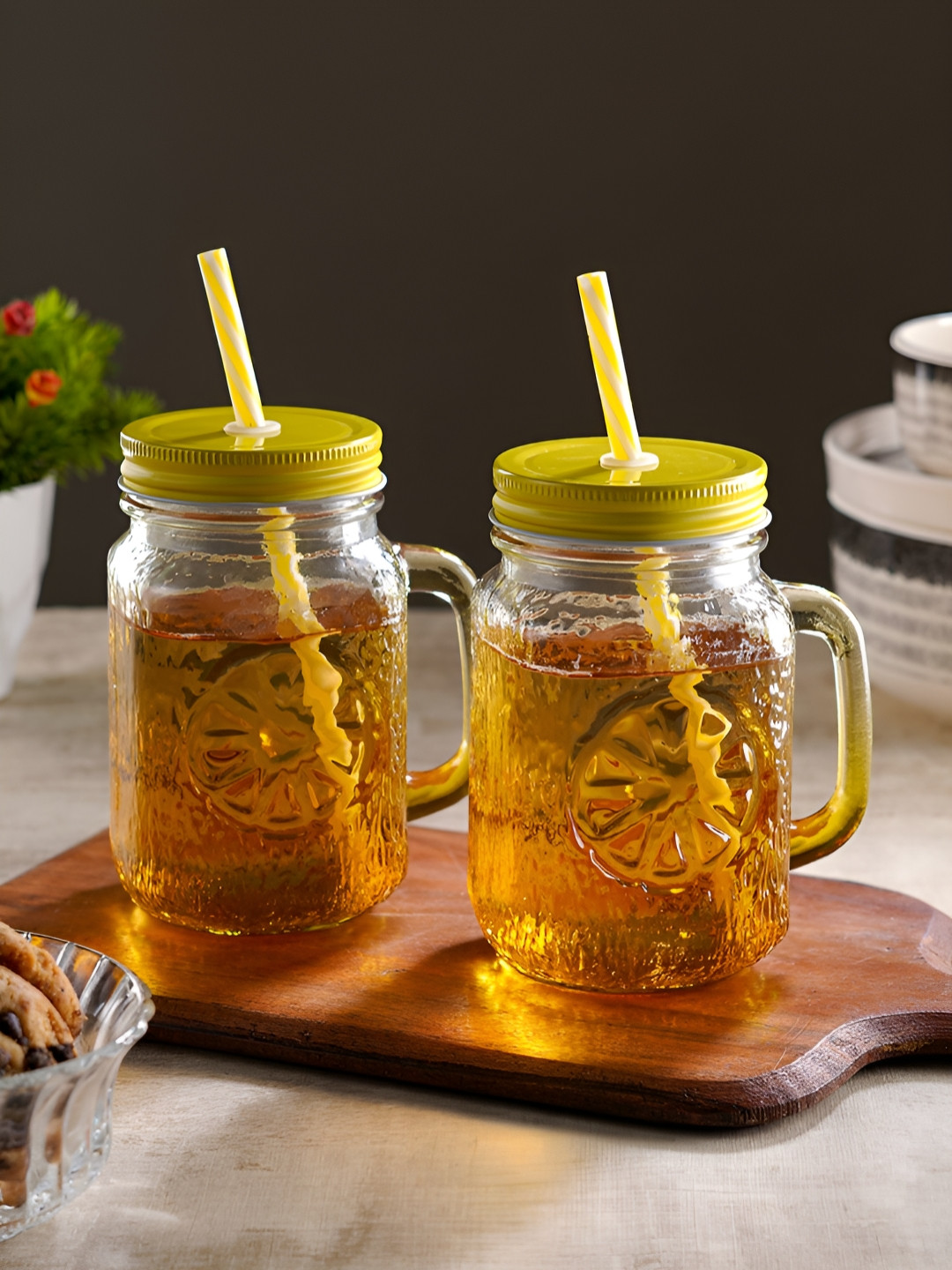Ceradeco Set of 2 Mason Jar With Metal Lid & Straw 480 ml Each