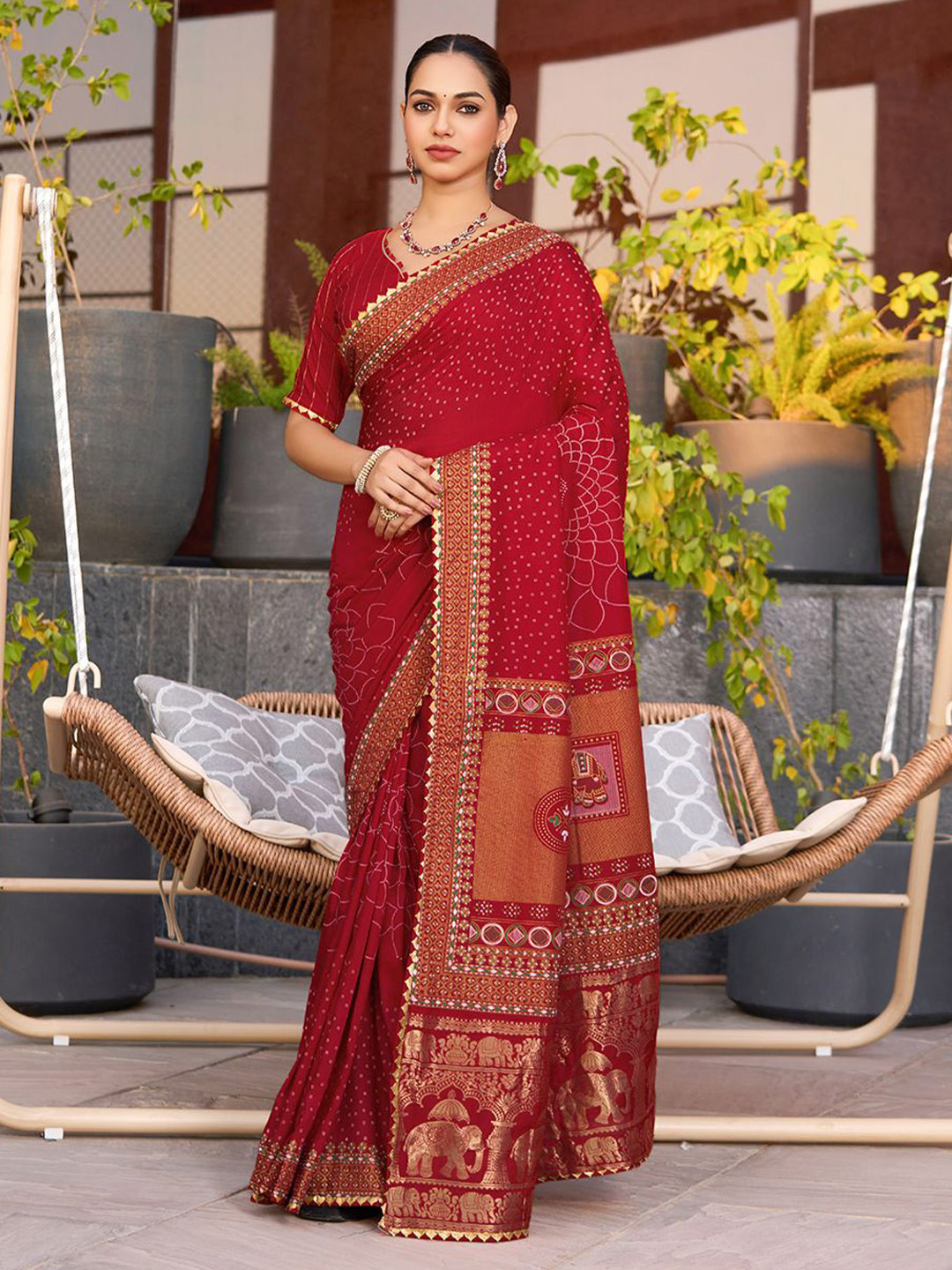 KALINI Printed Saree With Gota Patti Lace Border And Matching Blouse Piece
