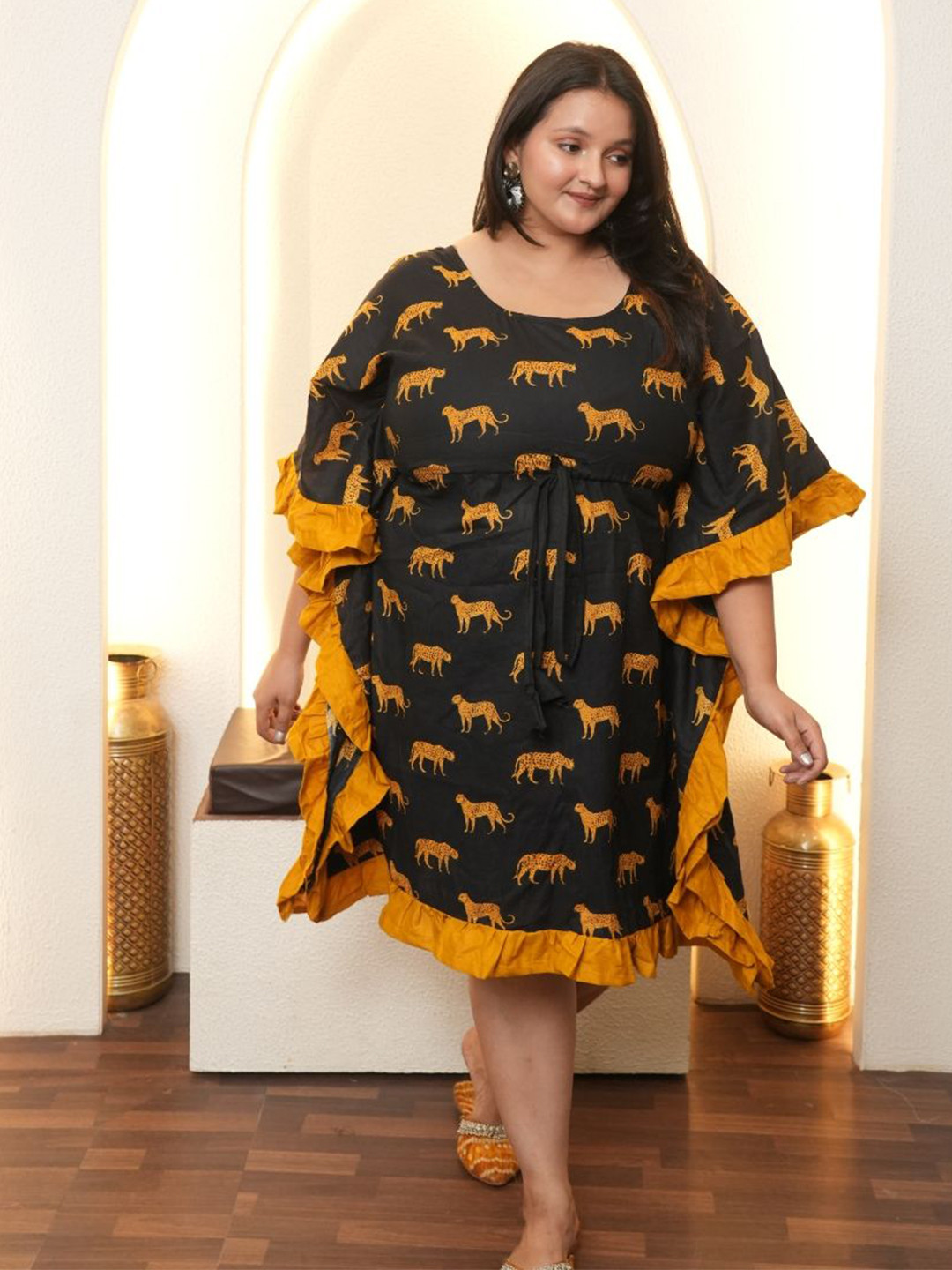 Swadeshi Shringaar Women Mustard And Black Animal Kaftan Dress