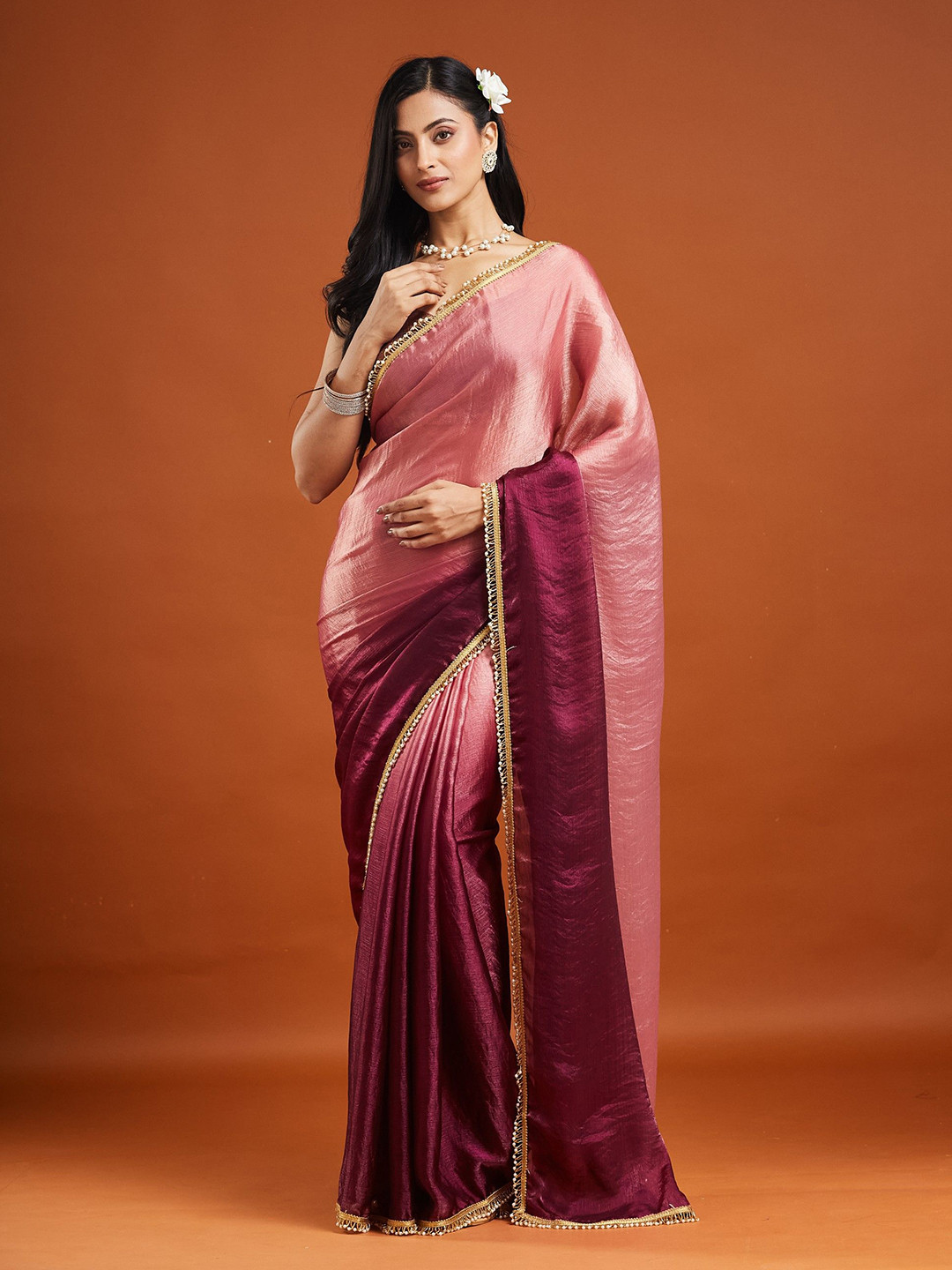 KALINI Dyed Ombre Saree With Embellished Hand Work Moti Lace Border