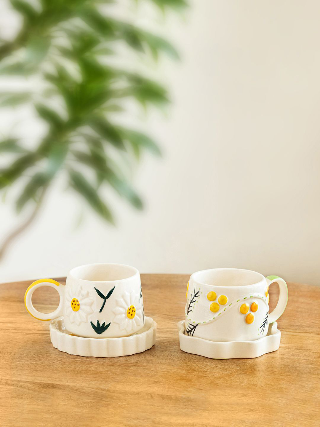ExclusiveLane Sunbeam Bloom White & Yellow 4 Pieces Printed Ceramic Cups & Saucers 310ml