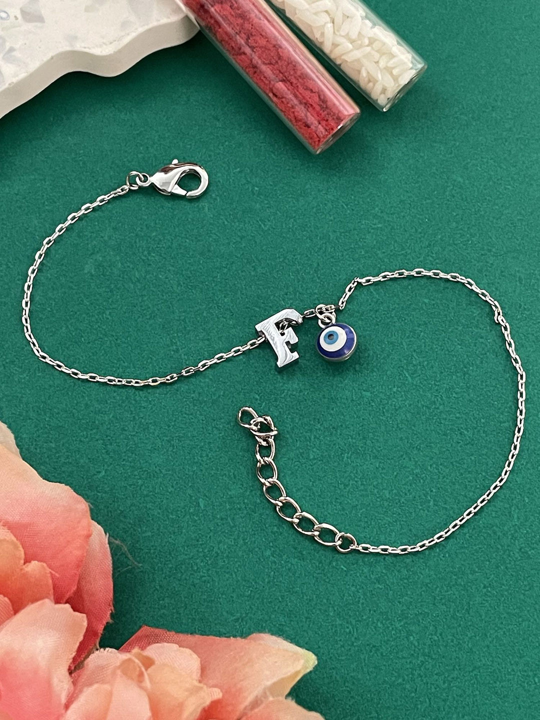 Digital Dress Room Silver-Plated F Letter Evil Eye Name Rakhi