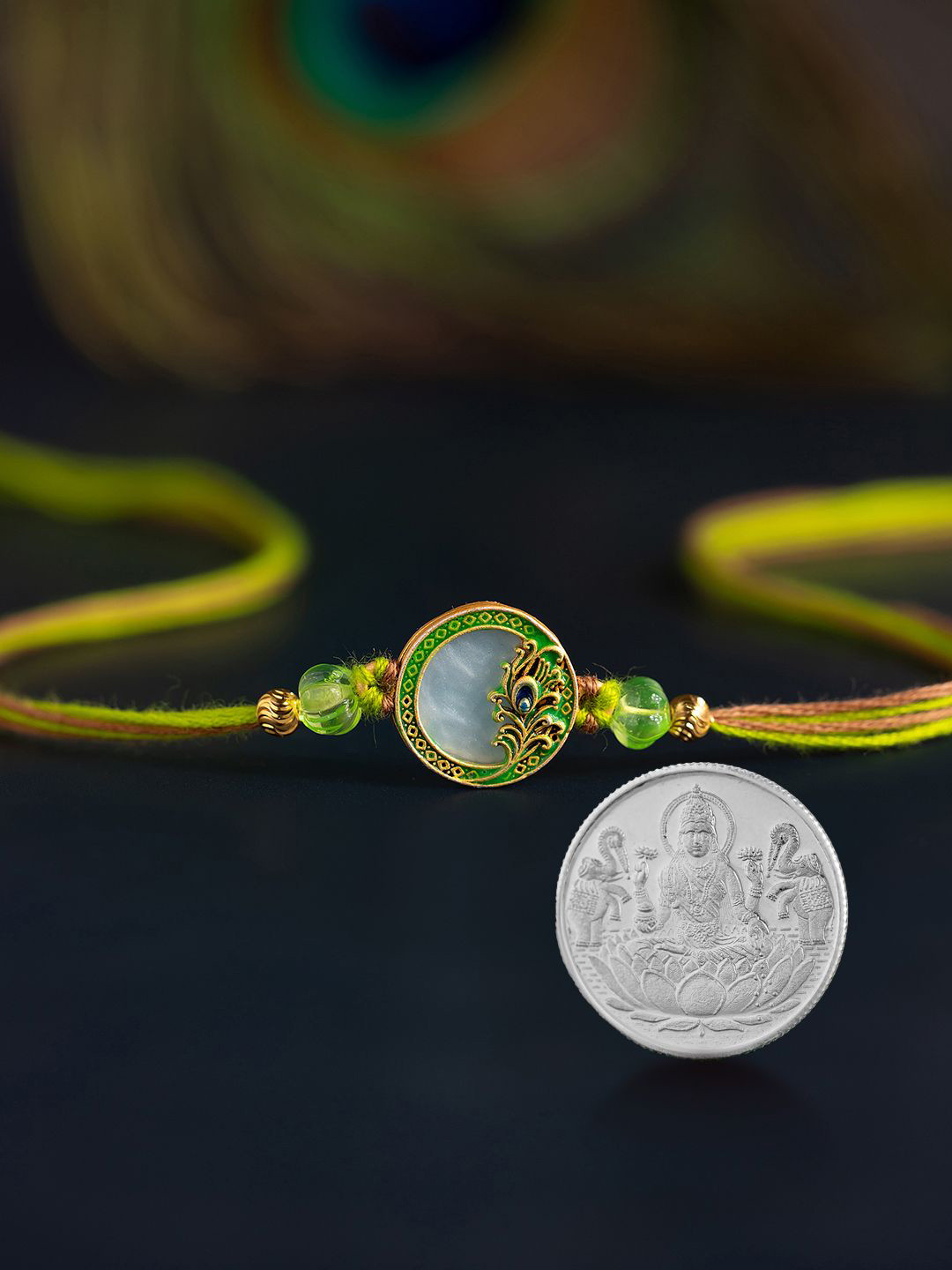 Studio Voylla Set Of 2 Rakhi With 999 Pure Silver Lakshmi Coin Greeting Card & Roli Chawal