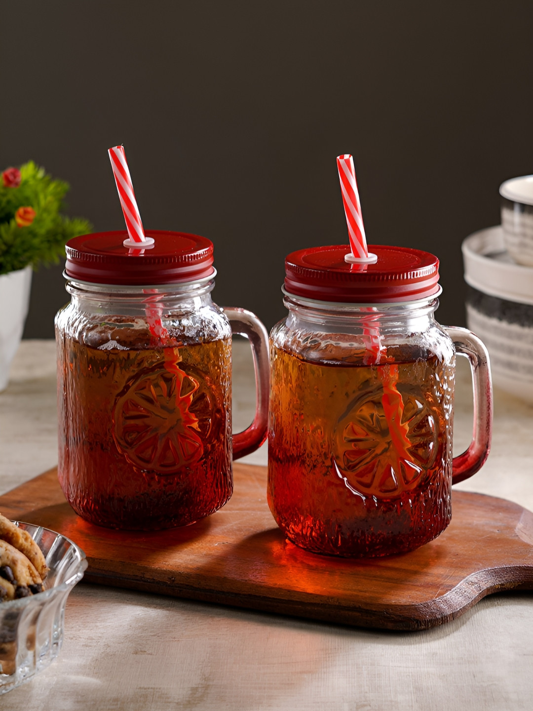 Ceradeco Set of 2 Red Coloured Mason Jar With Metal Lid & Straw 480 ml Each