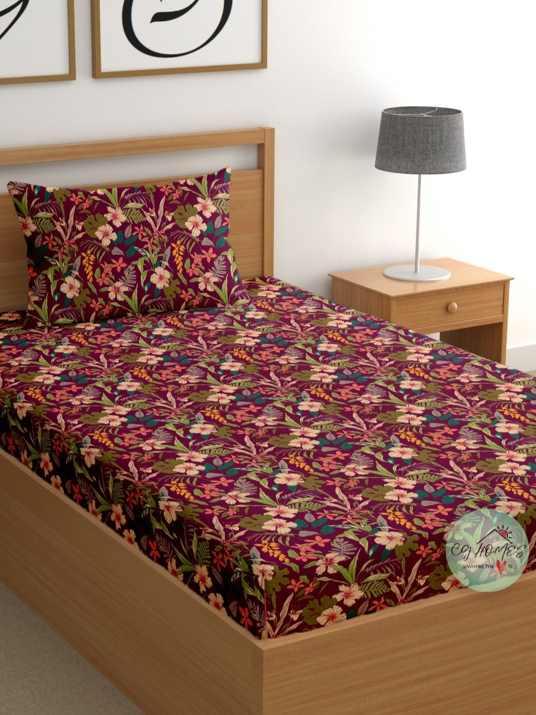 CG HOMES Maroon & Green Floral 180 TC Cotton Single Bedsheet 215 cm x 150 cm