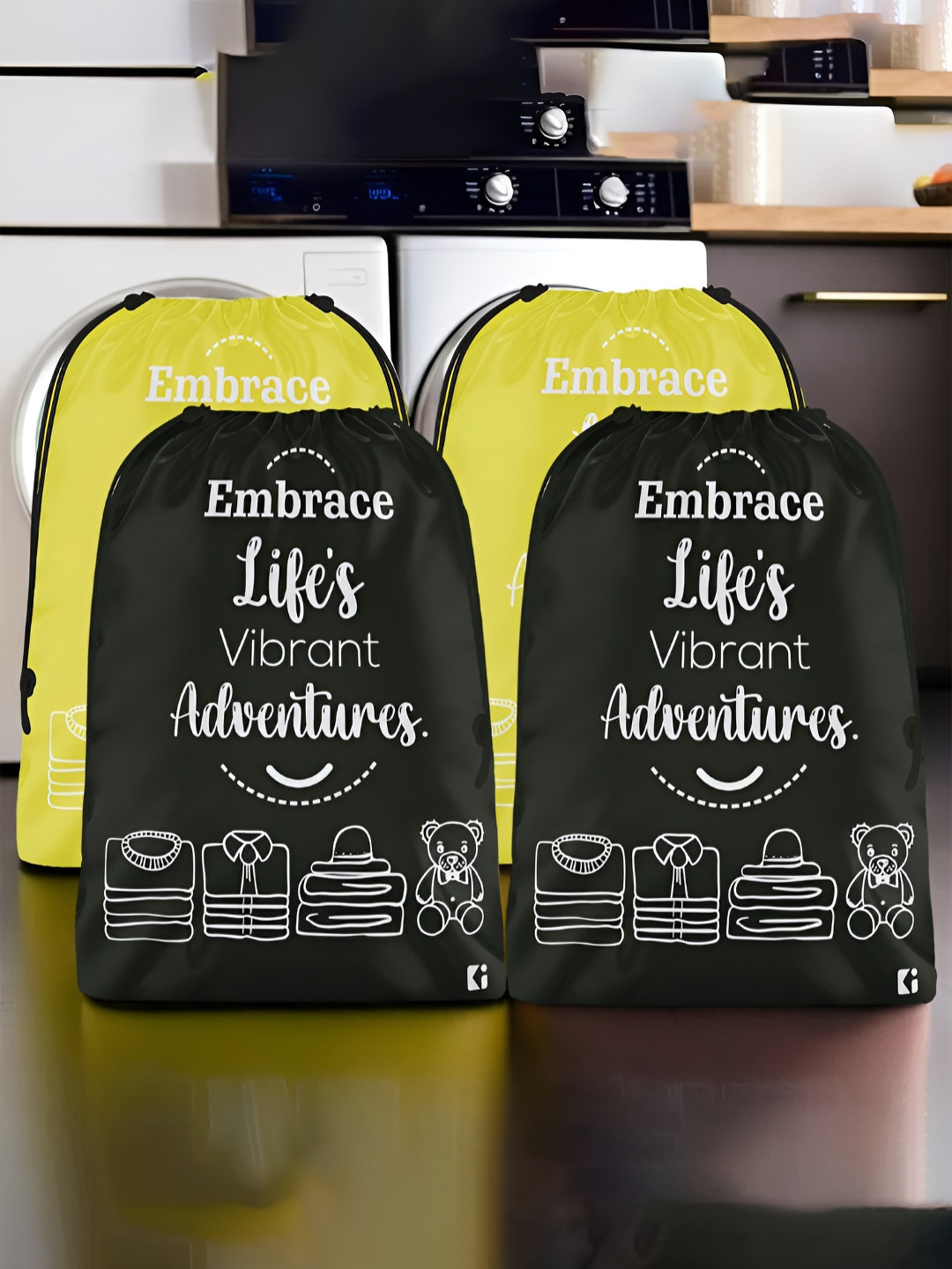 Aura Yellow & Black 4 Pieces Printed Foldable Water Resistant Multi-Utility Laundry Bags