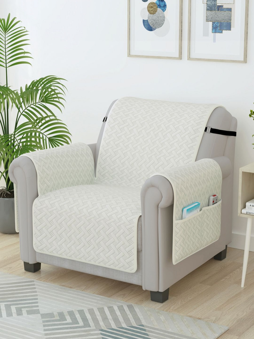 Story@home Off White Self design Microfiber Single Seater Sofa Cover With Arms