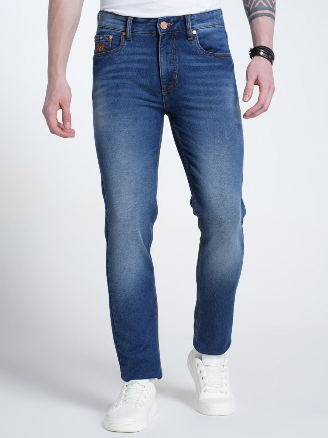 Double Two Men Lean Slim Fit Mid-Rise Low Distress Heavy Fade Cotton Jeans