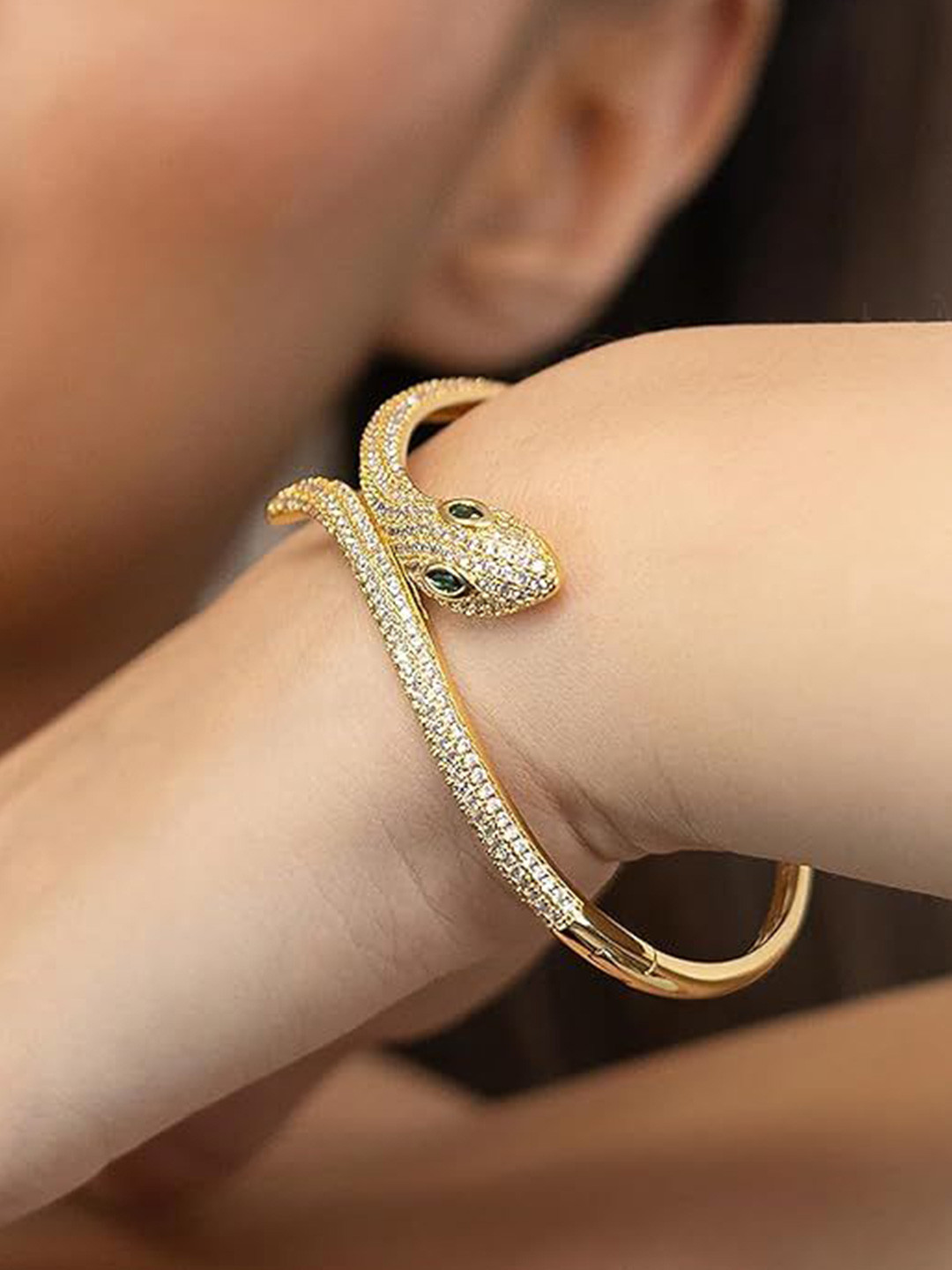 Amalfa Women Gold-Plated Zircon Studded Medussa Serpent Snake Wraparound Bracelet